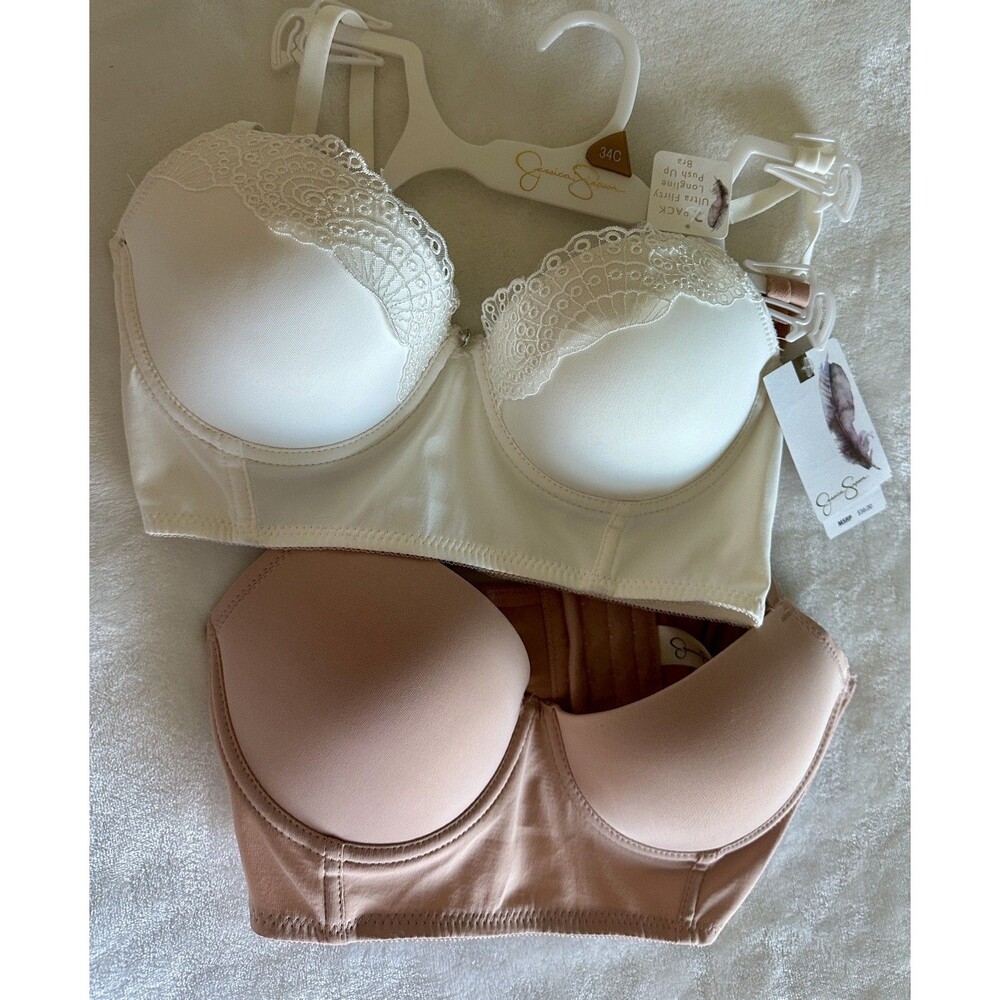 NWT Jessica Simpson Bra 2Pack 34C Ultra Fluffy Longline Push Up Lace Beige White